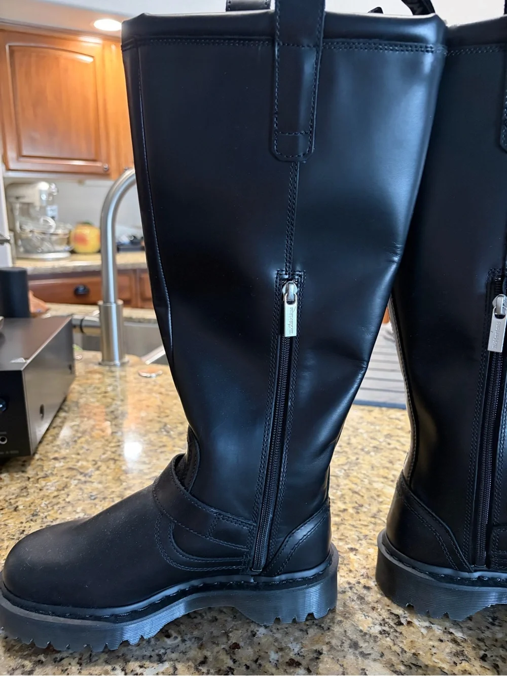 NWOT, Size 7, Dr. Martens Anistone Black Knee-High Orleans Leather Biker Boots